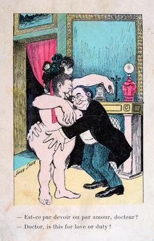 Doctor, is this for love or duty? Vintage French postcard, c1900
