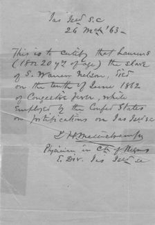 Doctor's certificate on death of slave Laurens while in the service of Confederate States..., 1863. Creator: Unknown