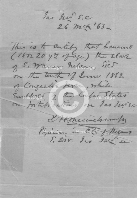 Doctor's certificate on death of slave Laurens while in the service of Confederate States..., 1863. Creator: Unknown.
