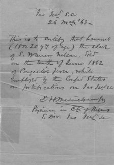 Doctor's certificate on death of slave Laurens while in the service of Confederate States..., 1863. Creator: Unknown