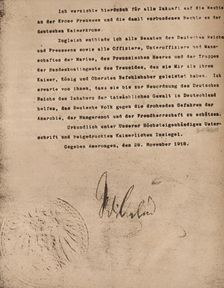 Document confirming the abdication of Kaiser Wilhelm II of Germany, 9 November 1918 (1935). Creator: Unknown