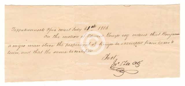 Document for tax exemption of the enslaved man Benjamin, owned by Edward Rouzee, July 21, 1806. Creator: Unknown.