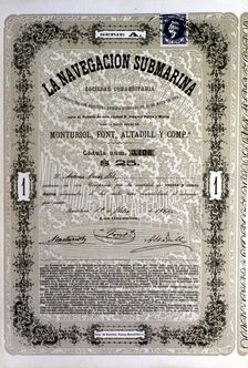 Document of 25 duros (Spanish coin) of the A Series of society La Navegación Submarina constit…