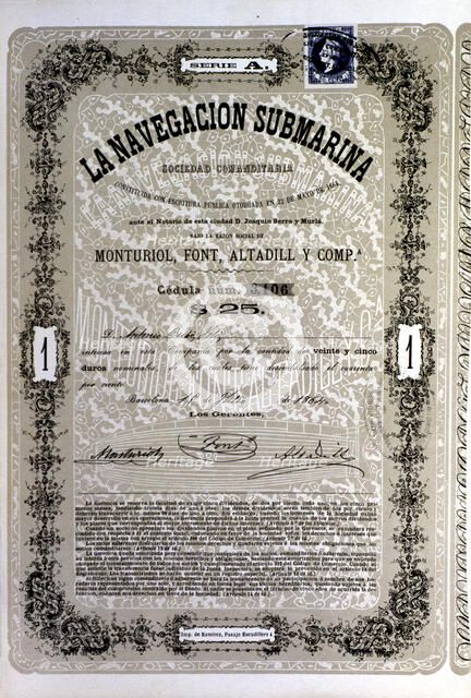 Document of 25 duros (Spanish coin) of the A Series of society 'La Navegación Submarina', constit…