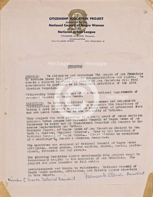 Document stating the purpose and objectives of the Citizenship Education Project, 1956-1957. Creator: Unknown.