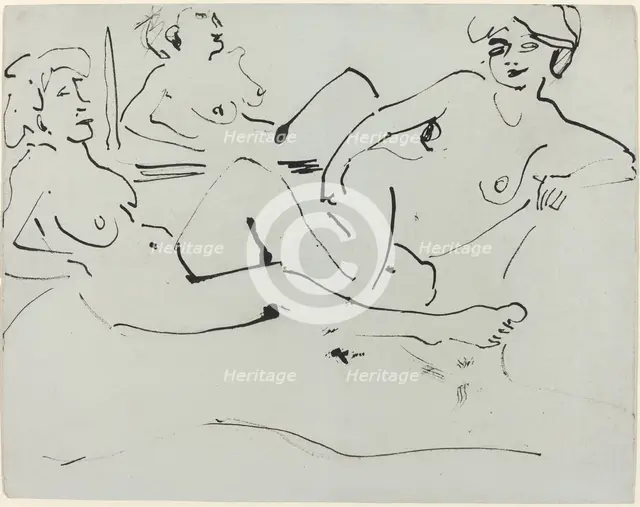 Dodo and an Older Woman Reclining before a Mirror, 1909. Creator: Ernst Kirchner.