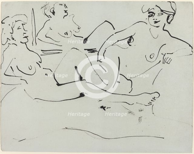 Dodo and an Older Woman Reclining before a Mirror, 1909. Creator: Ernst Kirchner.