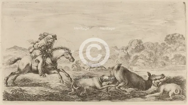 Doe in a Marsh Attacked by Two Dogs. Creator: Stefano della Bella.