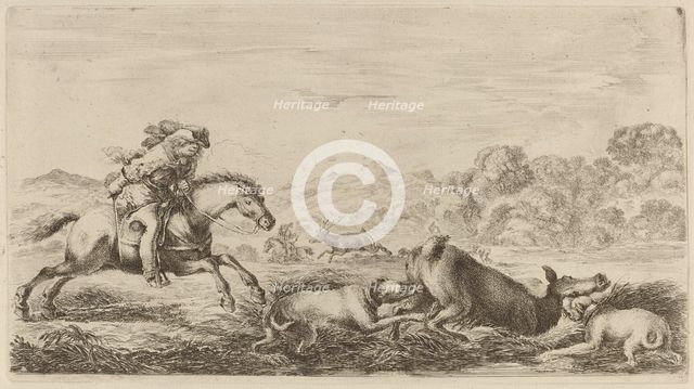 Doe in a Marsh Attacked by Two Dogs. Creator: Stefano della Bella.