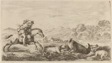 Doe in a Marsh Attacked by Two Dogs. Creator: Stefano della Bella