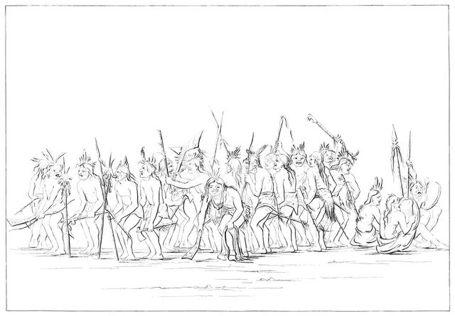 Dog dance of the Sioux, 1841.Artist: Myers and Co
