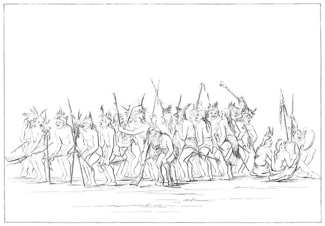 Dog dance of the Sioux, 1841.Artist: Myers and Co