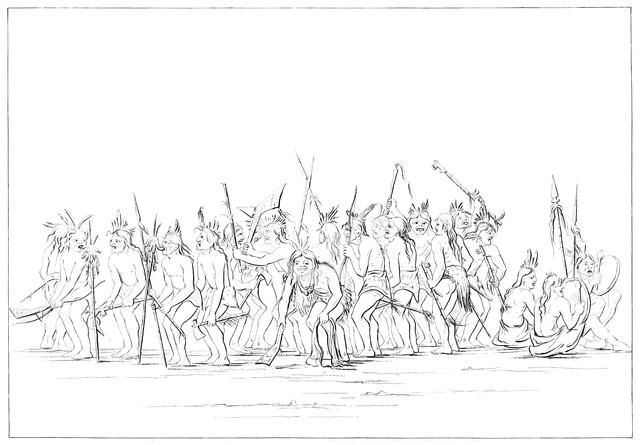 Dog dance of the Sioux, 1841.Artist: Myers and Co