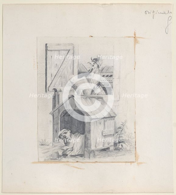 Dog in doghouse; cock singing at window, ca. 1842. Creator: Jean Ignace Isidore Gerard.