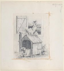 Dog in doghouse; cock singing at window, ca. 1842. Creator: Jean Ignace Isidore Gerard