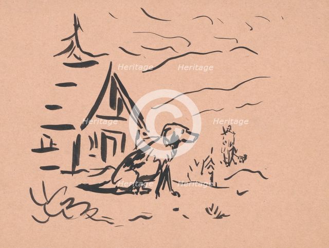 Dog in front of a hut, 1940-1943. Creator: Arnold Peter Weisz-Kubincan.