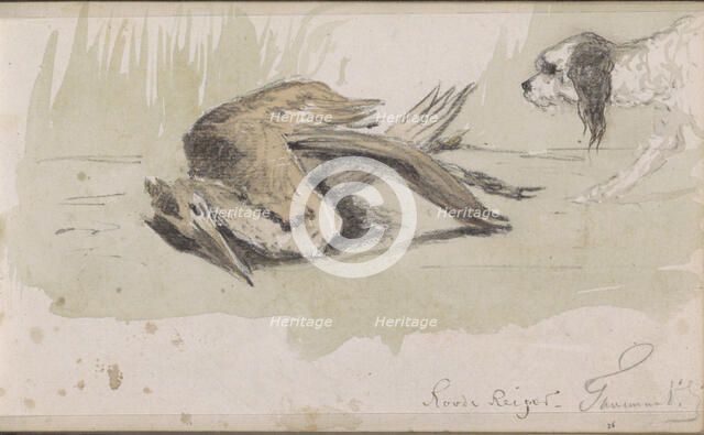 Dog with a dead red heron, 1864-1880. Creator: Johannes Tavenraat.