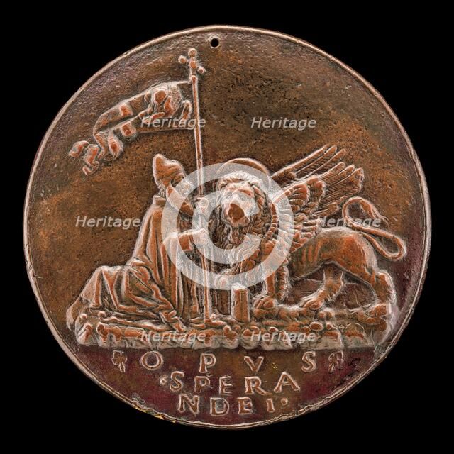 Doge Barbarigo Kneeling before the Winged Lion of Venice [reverse], c. 1495. Creator: Sperandio Savelli.