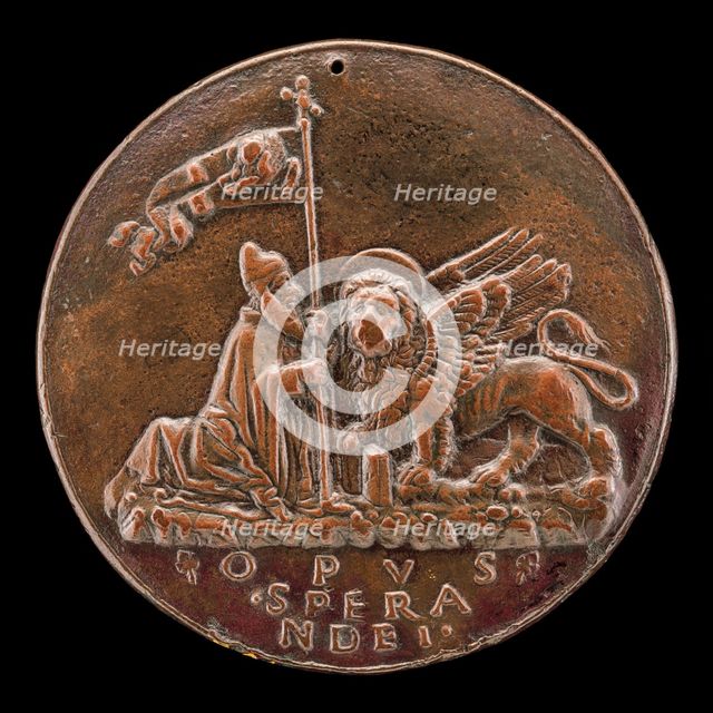 Doge Barbarigo Kneeling before the Winged Lion of Venice [reverse], c. 1495. Creator: Sperandio Savelli.
