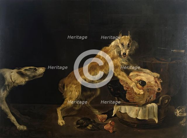 Dogs with a Bull's Head, 1650. Creator: Paul de Vos.