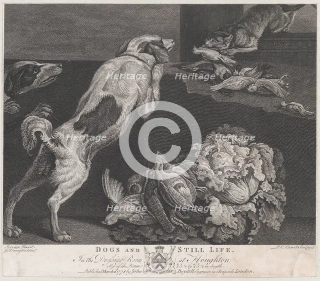 Dogs and Still Life, 1778. Creators: Pierre-Charles Canot, Joseph Farington.