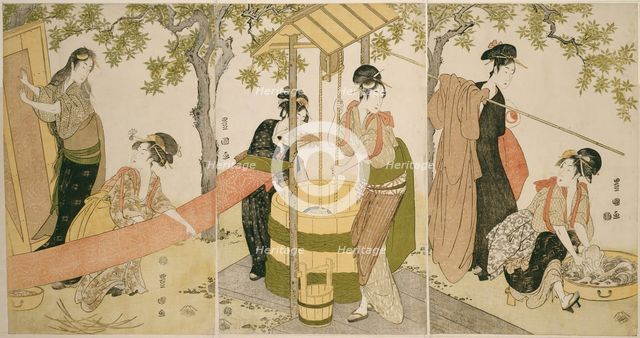 Doing the Laundry by the Well Curb (Idobata no sentaku to araihari), c. 1795. Creator: Utagawa Toyokuni I.