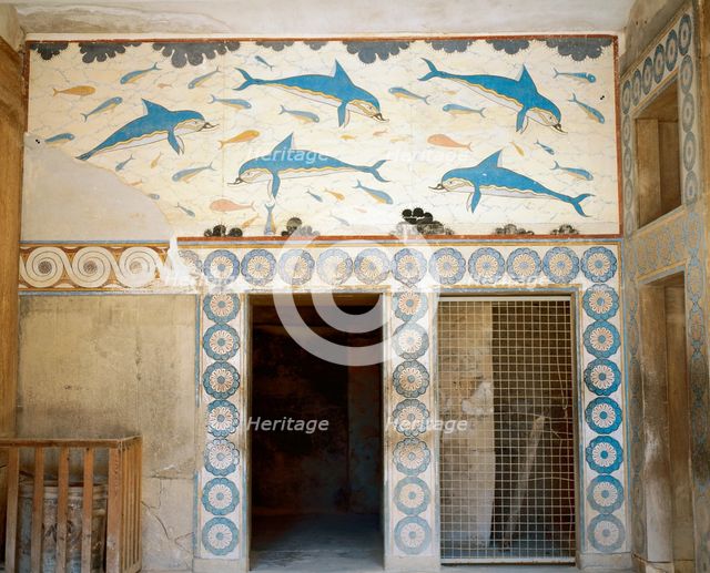Dolphin Fresco, Megaron of the Queen, Knossos Palace, Minoan civilization, Crete, Greece (2000). Creator: LTL.