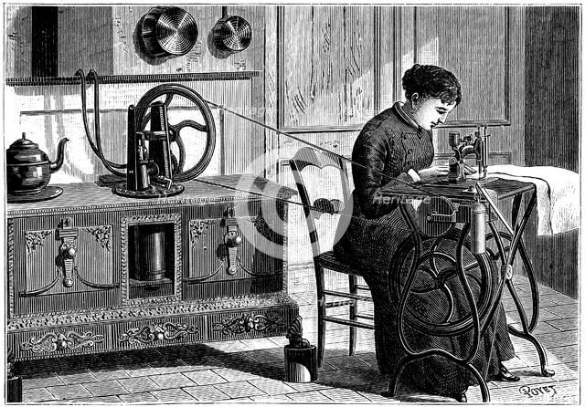 Domestic sewing machine powered by steam, 1883. Artist: Anon