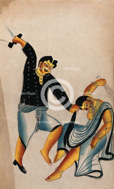 Domestic violence: a husband holding his wife by the hair about to strike her with a shoe... Creator: Unknown.