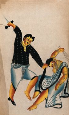 Domestic violence: a husband holding his wife by the hair about to strike her with a shoe... Creator: Unknown