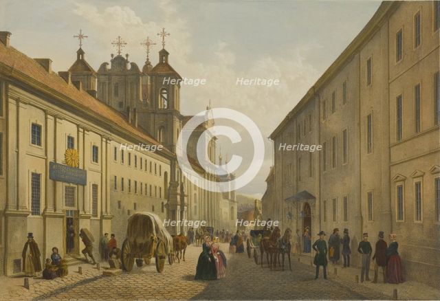 Dominikonu street and Institute for Nobles in Vilnius, c1850.