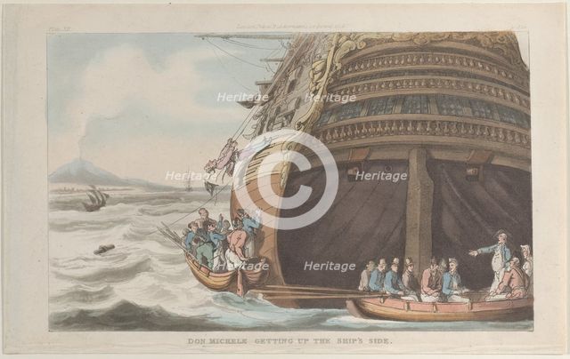 Don Michele Getting Up the Ship's Side, from "Naples and the Campagna Felice: in a..., June 1, 1815. Creator: Thomas Rowlandson.