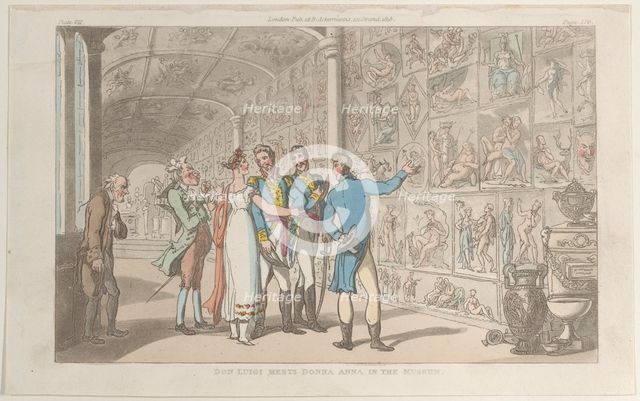 Don Luigi Meets Donna Anna in the Museum, from "Naples and the Campagna Felice: in..., June 1, 1815. Creator: Thomas Rowlandson.