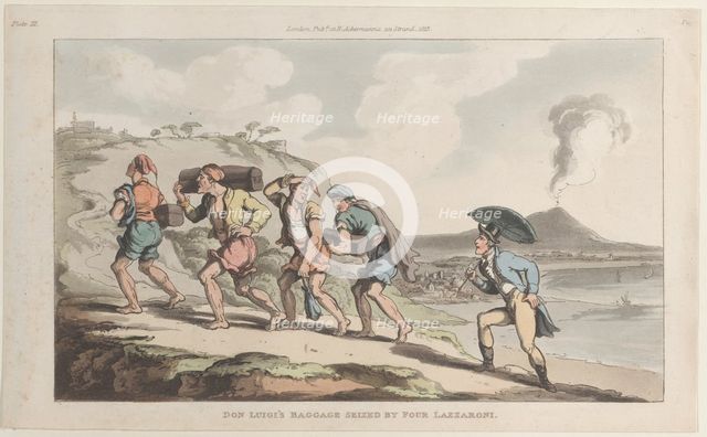 Don Luigi's Baggage Seized by Four Lazzaroni, from "Naples and the Campagna Felice..., June 1, 1815. Creator: Thomas Rowlandson.