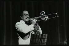 Don Lusher in concert with the Welwyn Garden City Band, Hatfield Polytechnic, Hertfordshire, 1984. Creator: Denis Williams