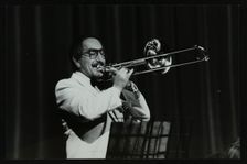 Don Lusher in concert with the Welwyn Garden City Band, Hatfield Polytechnic, Hertfordshire, 1984. Creator: Denis Williams