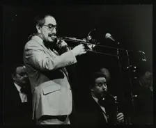 Don Lusher playing the trombone at the Forum Theatre, Hatfield, Hertfordshire, 1983. Creator: Denis Williams