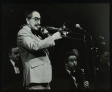Don Lusher playing the trombone at the Forum Theatre, Hatfield, Hertfordshire, 1983. Creator: Denis Williams
