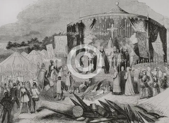 Don Pelayo, the prelates and the Christian warriors giving thanks to the Eternal on..., 722 (1853). Creator: Unknown.