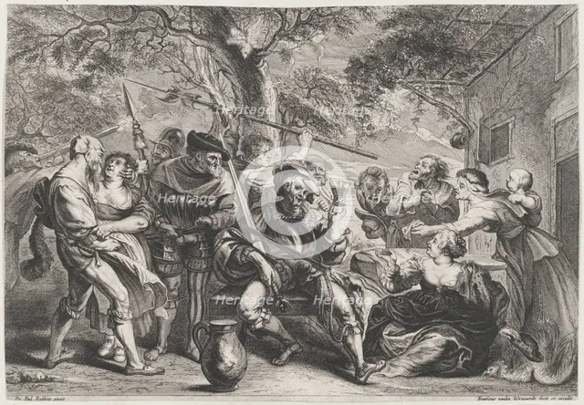 Don Quixote and troops of La Santa Hermandad outside a tavern, ca. 1635-79. Creator: Frans van den Wyngaerde.