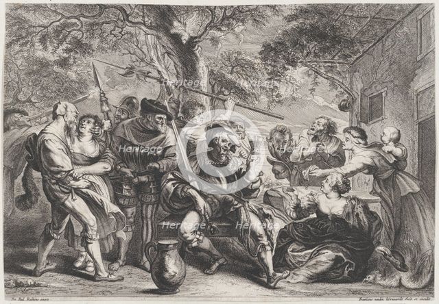 Don Quixote and troops of La Santa Hermandad outside a tavern, ca. 1635-79. Creator: Frans van den Wyngaerde.