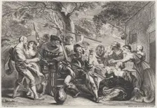 Don Quixote and troops of La Santa Hermandad outside a tavern, ca. 1635-79. Creator: Frans van den Wyngaerde