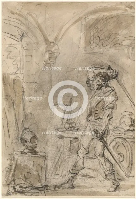 Don Quixote about to Strike the Helmet, 1780s. Creator: Jean-Honore Fragonard.
