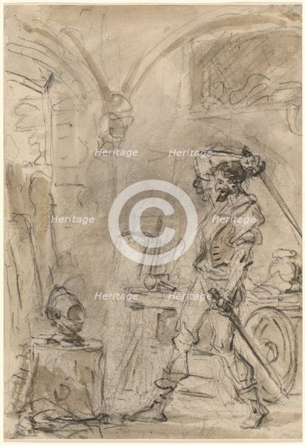 Don Quixote about to Strike the Helmet, 1780s. Creator: Jean-Honore Fragonard.