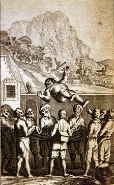 Don Quixote de la Mancha scene of Sancho tossed in a blanket in the inn, edition of Warsaw, 1786