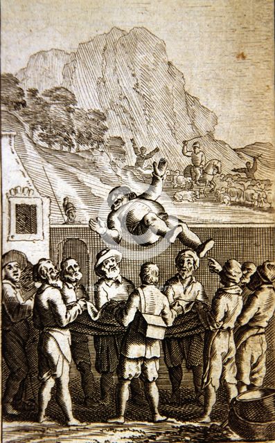 Don Quixote de la Mancha', scene of Sancho tossed in a blanket in the inn, edition of Warsaw, 1786.