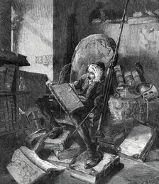 "Don Quixote in his Study" - from a painting by Schrödter, 1860. Creator: W Thomas
