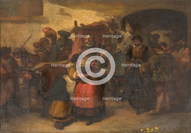Don Quixote in the chariot, leaving the inn, c1866.  Creator: Antonio Pérez Rubio.