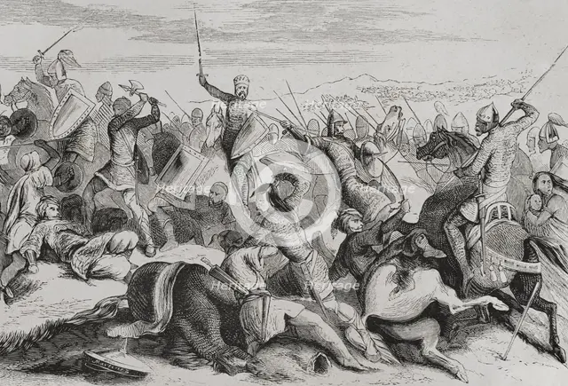 Don Ramiro de León defeats the Cordovan near Simancas, Battle of Simancas, 1st August, 939 (1853). Creator: Unknown.