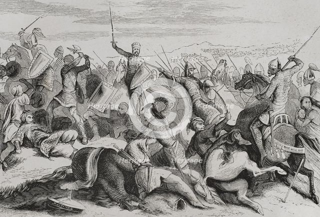 Don Ramiro de León defeats the Cordovan near Simancas, Battle of Simancas, 1st August, 939 (1853). Creator: Unknown.